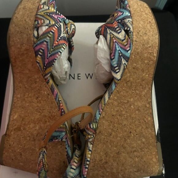 Nine West Multi-color Electrico open toe Cork heel wedge shoes, size 10 1/2 - Picture 3 of 9